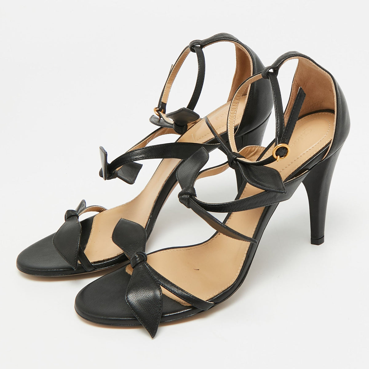 Chloe Size 38 Black Leather Bow Ankle Strap Sandals
