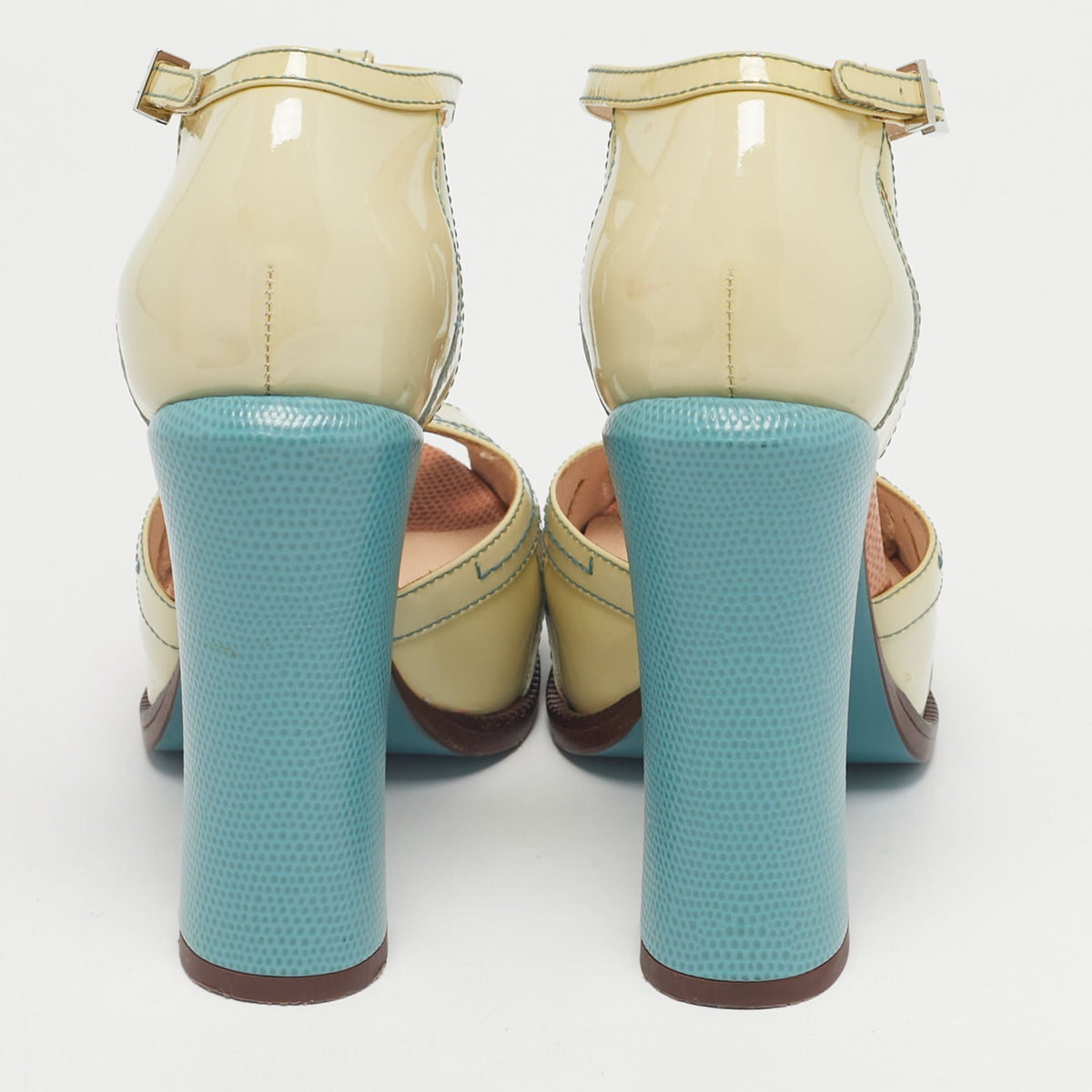 Fendi Beige/Blue Patent Leather Cut Out T-Strap Platform Sandals Size 37
