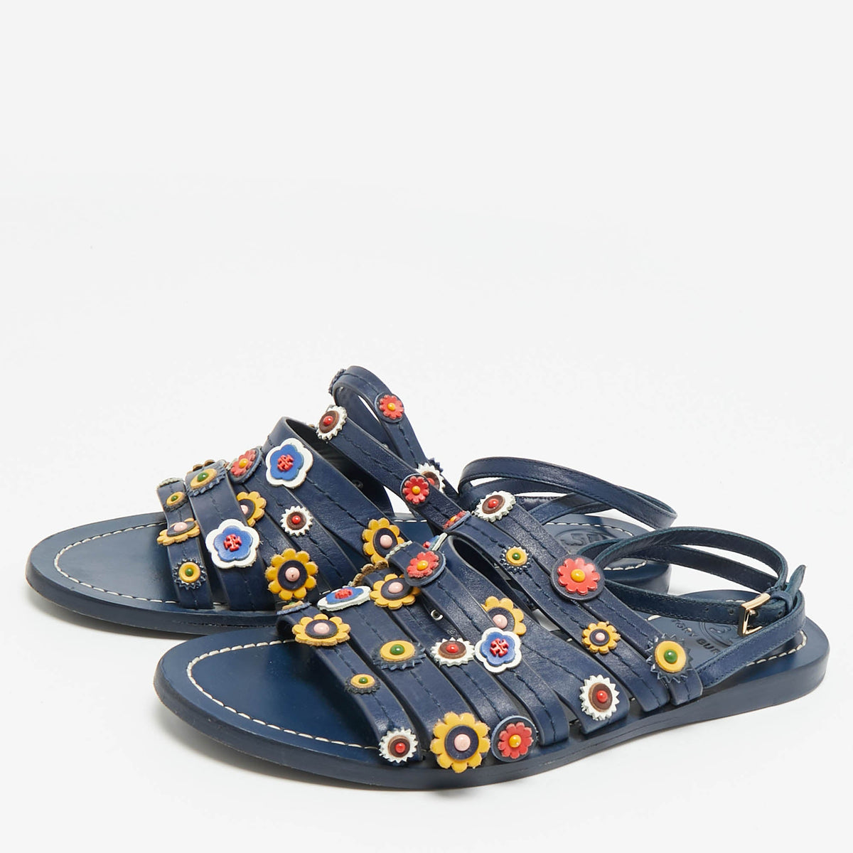 Tory Burch Size 37.5 Blue Leather  Floral Appliqu&eacute;d Ankle Wrap Flat Sandals