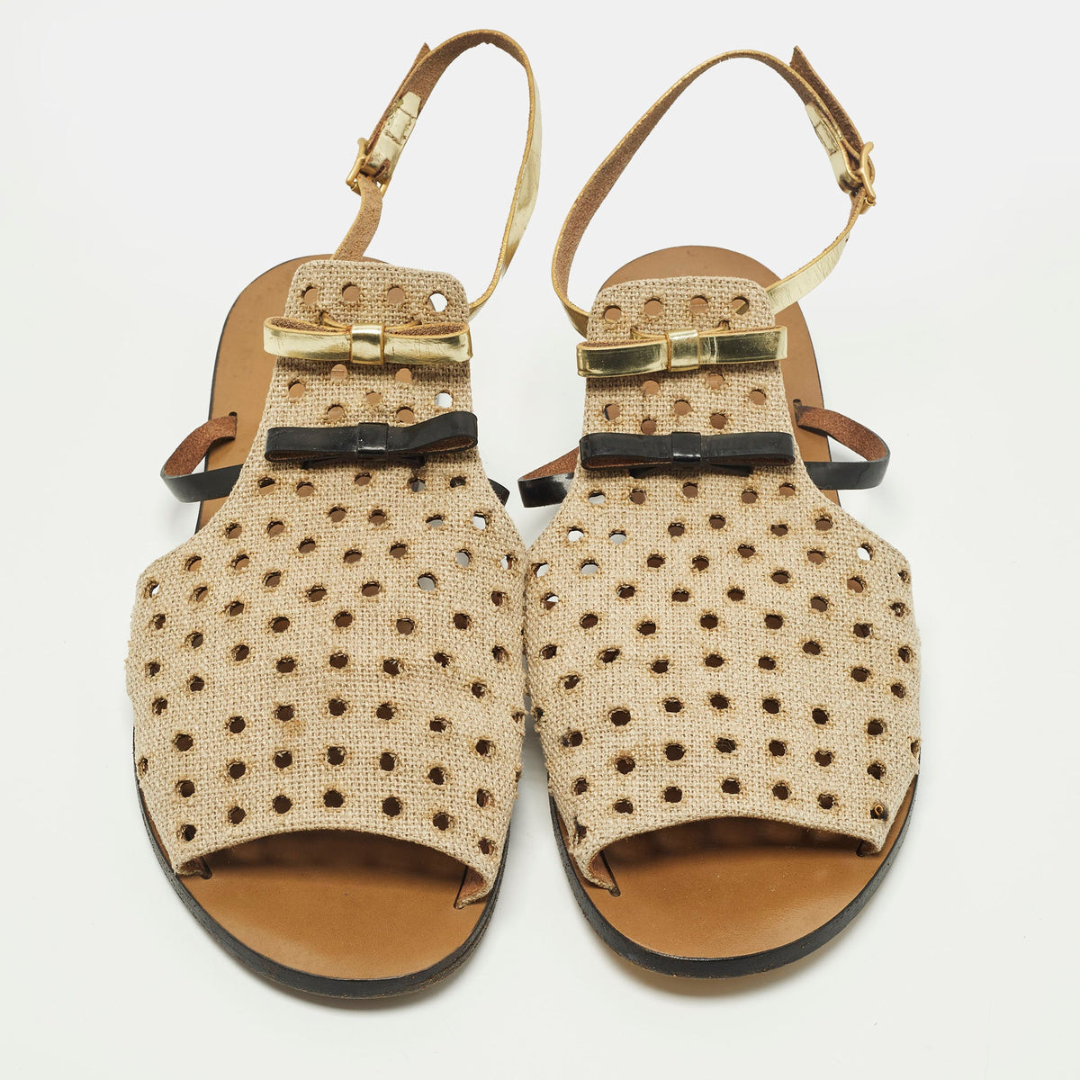 Fendi Size 40 Tricolor Perforated Jute and Patent Leather Double Bow Flat Sandals