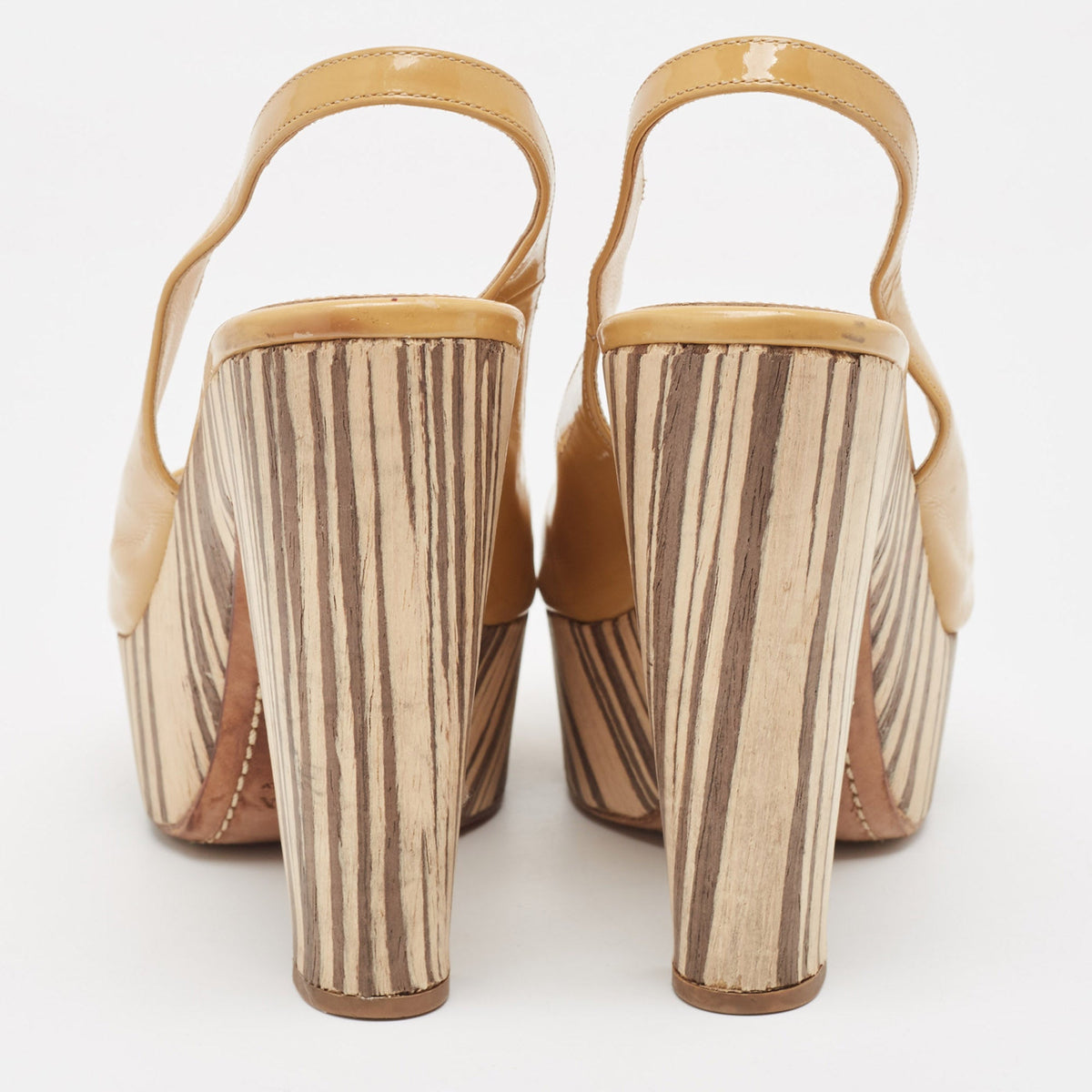 Prada Beige Patent Leather Open Toe Platform Slingback Sandals Size 37