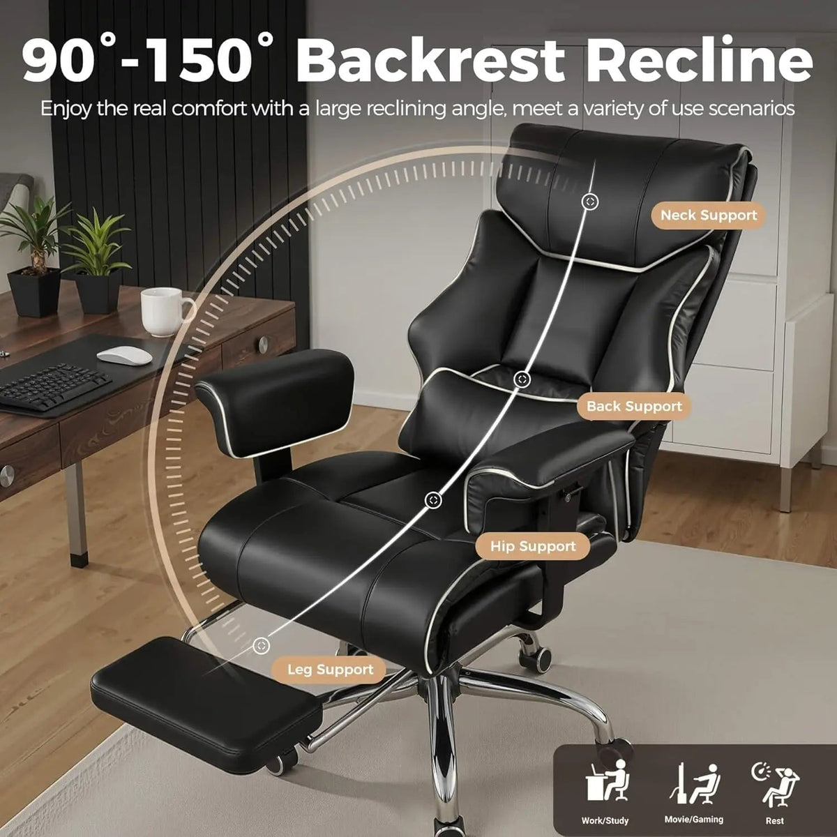 Executive High Back Leather Office Chair for Big and Tall Individuals, 400 lbs Capacity, Ergonomic Lumbar Support with Pocket Spring Cushion