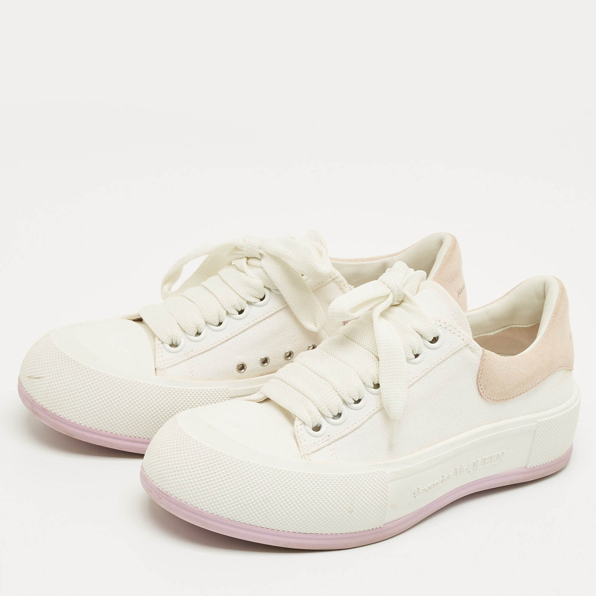 Alexander McQueen White/Beige Canvas and Suede Deck Plimsoll Lace Up Sneakers Size 37