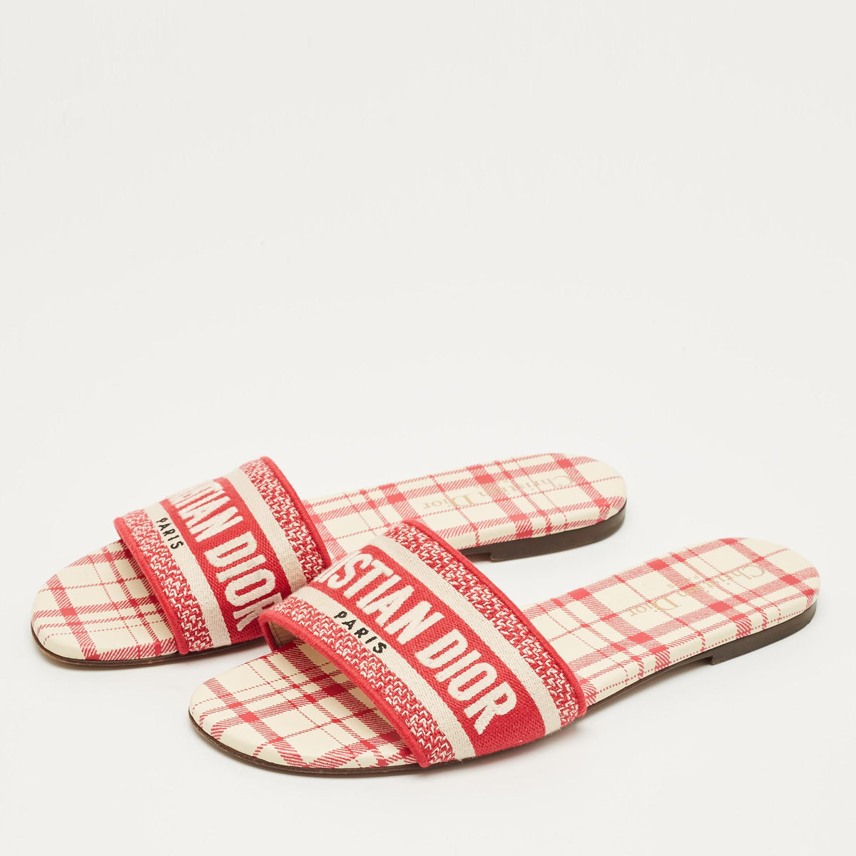 Dior Red/White Embroidered Canvas Dway Flat Slides Size 38