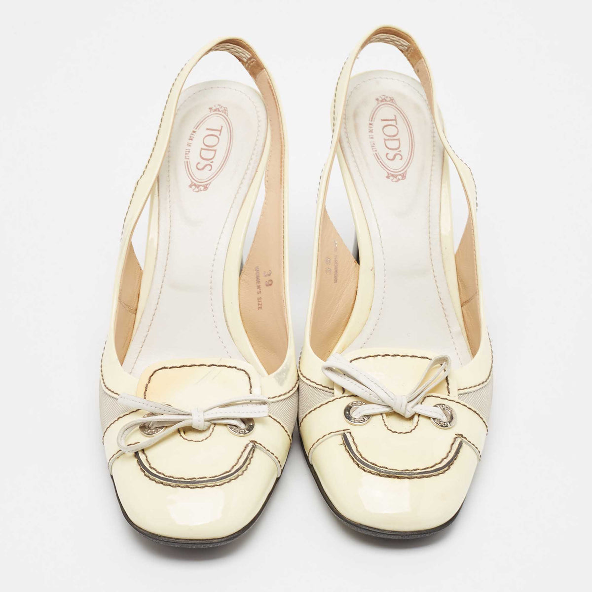 Tod's Cream Patent Leather and Fabric Bow Slingback Pumps Size 39