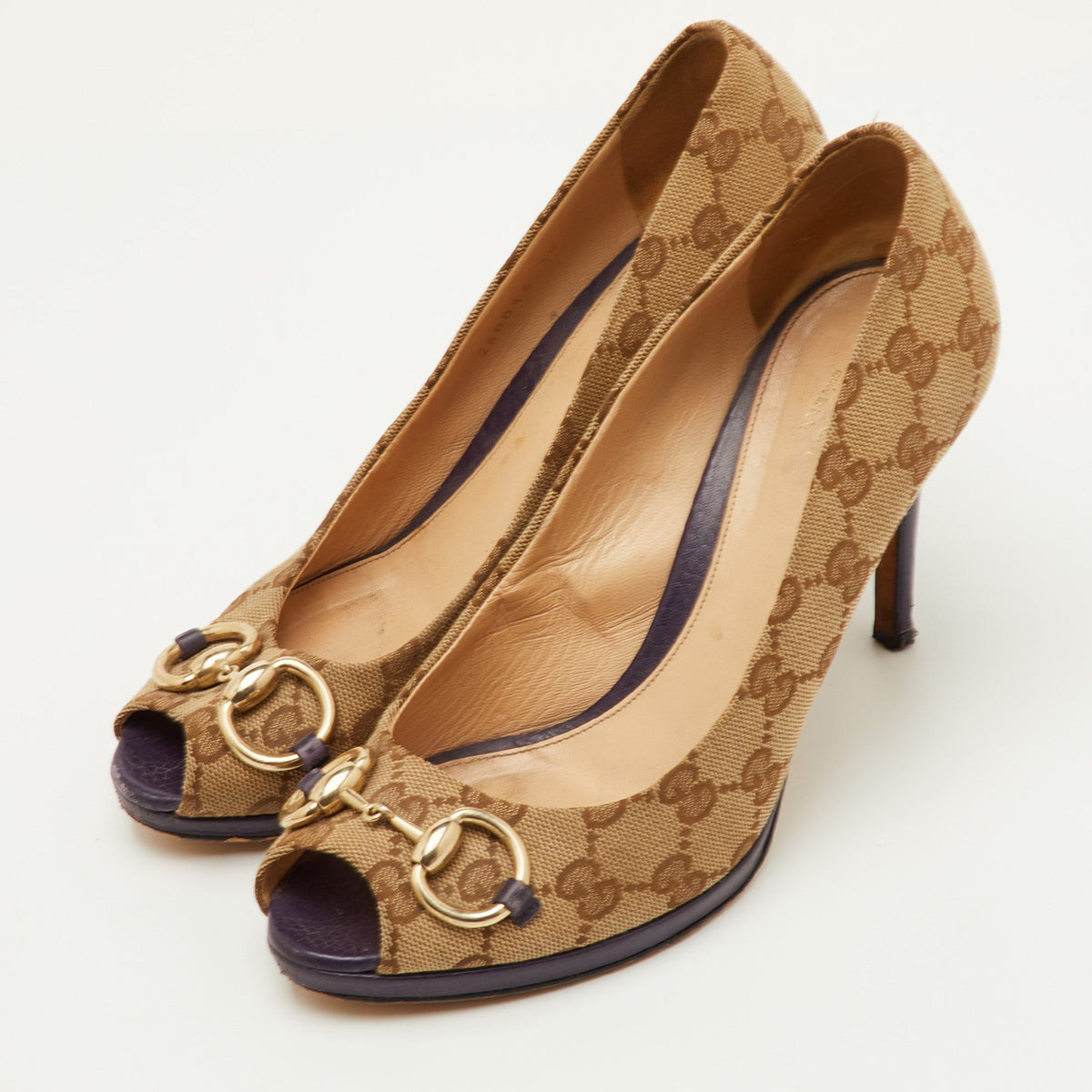 Gucci Hollywood Size 38 Beige/Brown GG Canvas Peep Toe Pumps