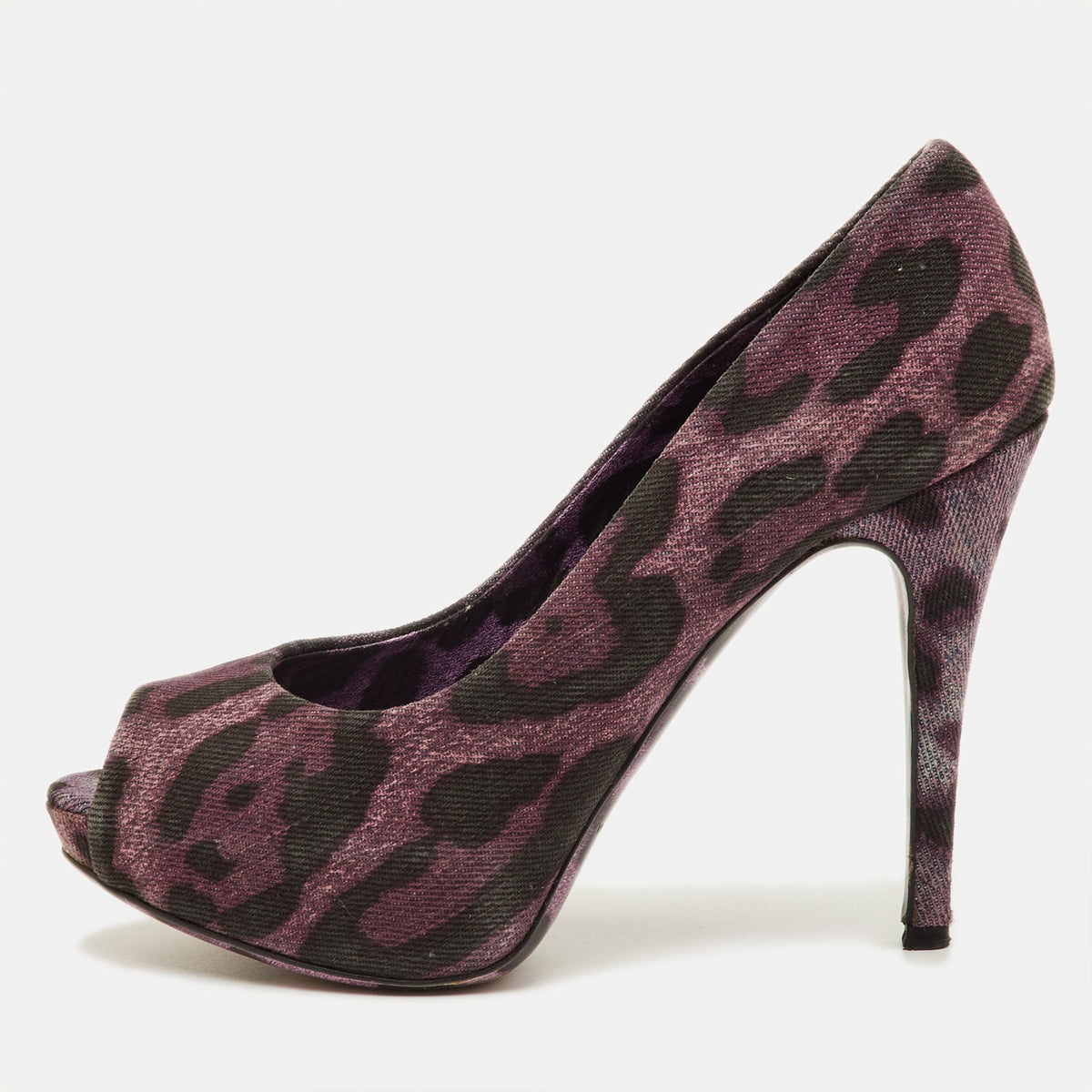 Dolce & Gabbana Size 36.5 Purple Leopard Print Denim Peep Toe Platform Pumps
