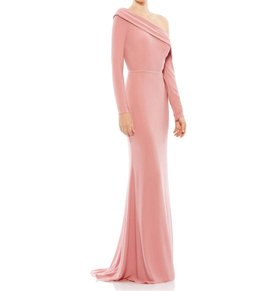 Drop Shoulder Long Sleeve Column Gown In Rose/gold