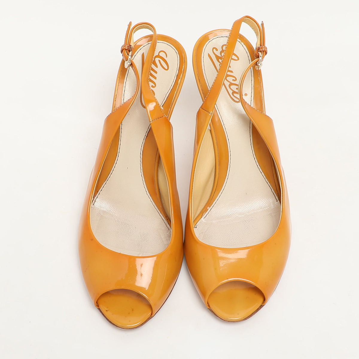 Gucci Yellow Patent Leather Peep Toe Slingback Pumps Size 37