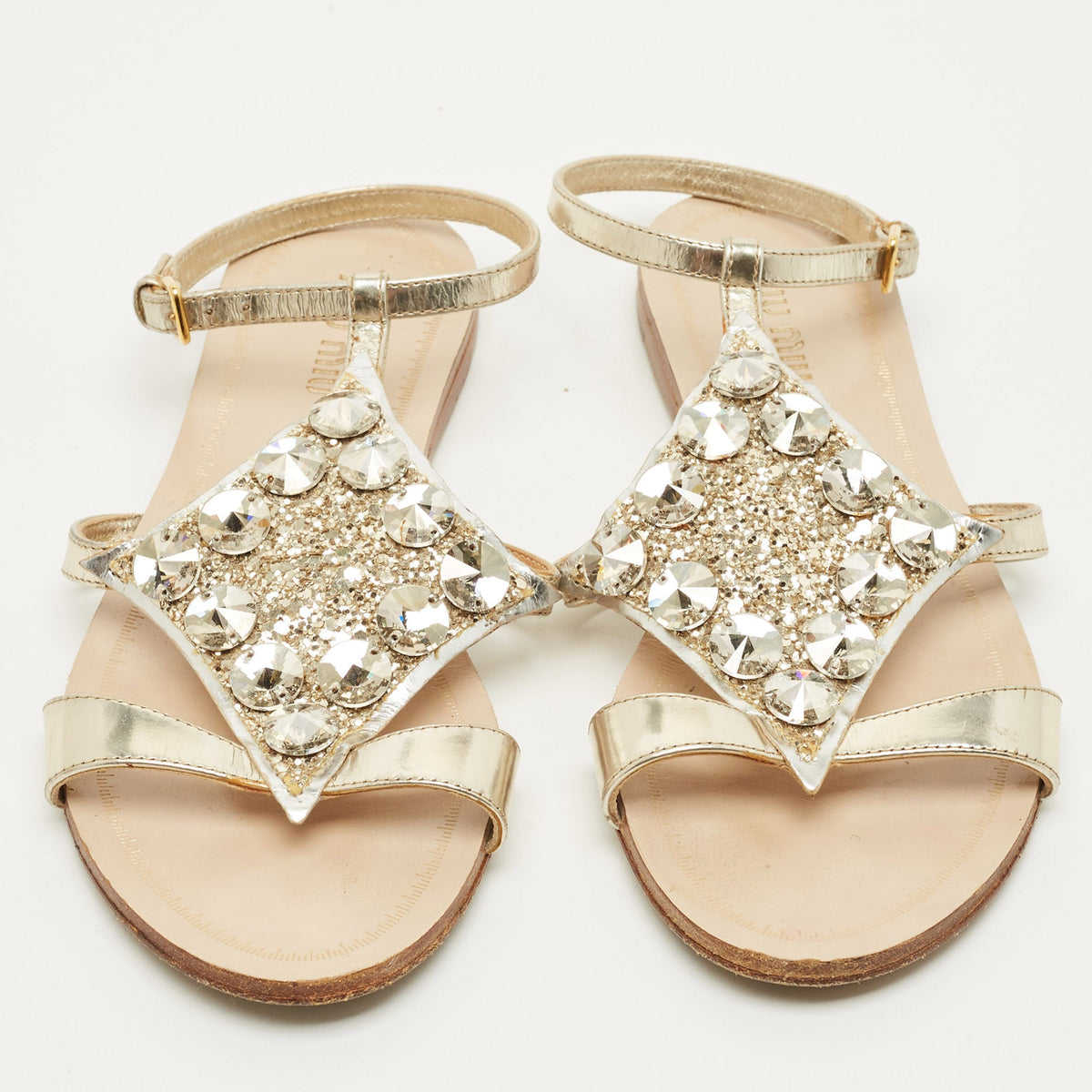 Miu Miu Size 35 Silver Foil Leather Crystal Embellished Ankle Strap Flat Sandals