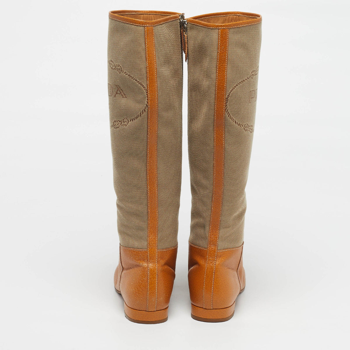 Prada Size 36.5 Brown/Beige Canvas and Leather Knee Length Boots