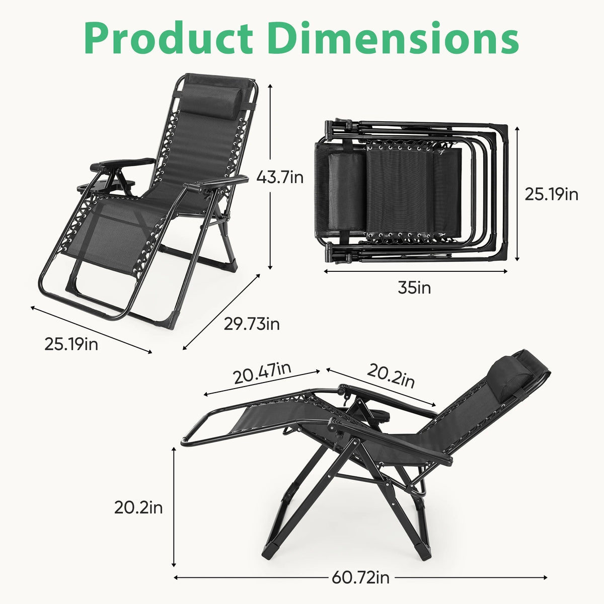 Portable Zero Gravity Recliner Lounge Chair with Cup Holder Trays and Removable Cushion for Outdoor Use