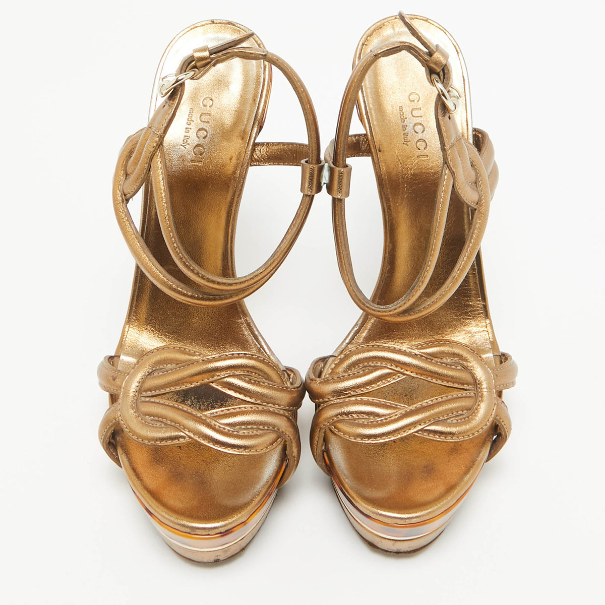 Gucci Metallic Leather Orchid Twist Sandals Size 36
