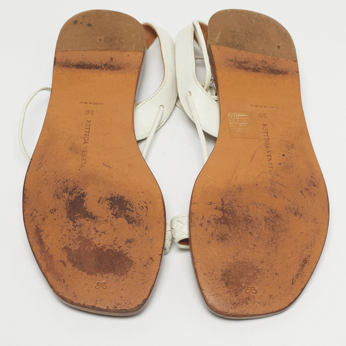 Bottega Veneta White Intrecciato Leather Ankle Wrap Flat Sandals Size 39