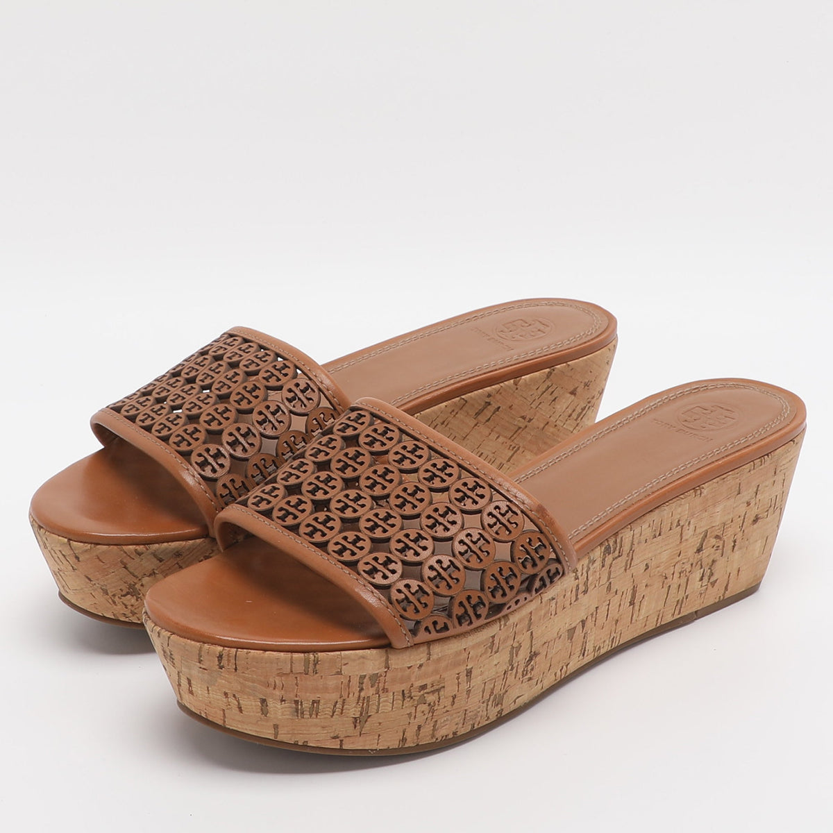 Tory Burch Elaine Size 40 Brown Laser Cut Leather Platform Slide Sandals
