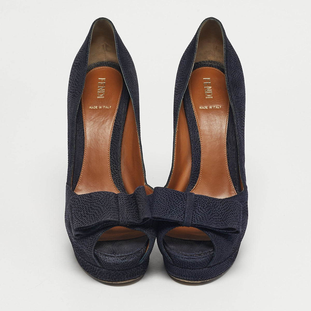 Fendi Size 41 Navy Blue Suede Bow Peep Toe Platform Pumps