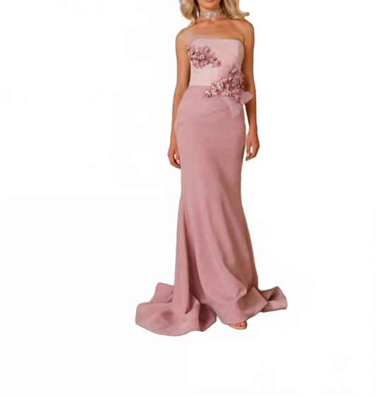 Strapless Mermaid Gown With 3D Floral Appliqués In Pink Rose