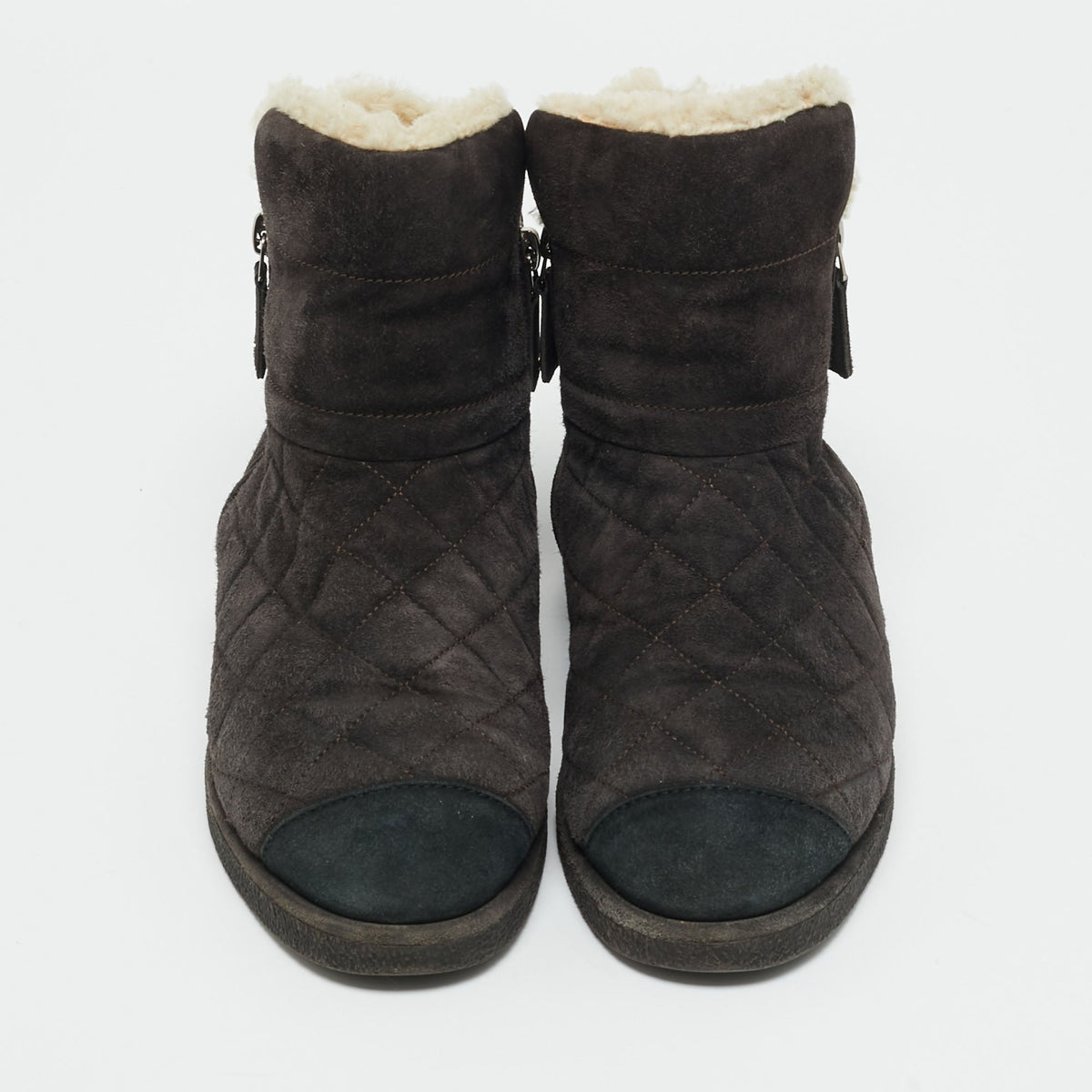 Chanel CC Size 37.5 Black Shearling and Suede Ankle Length Boots