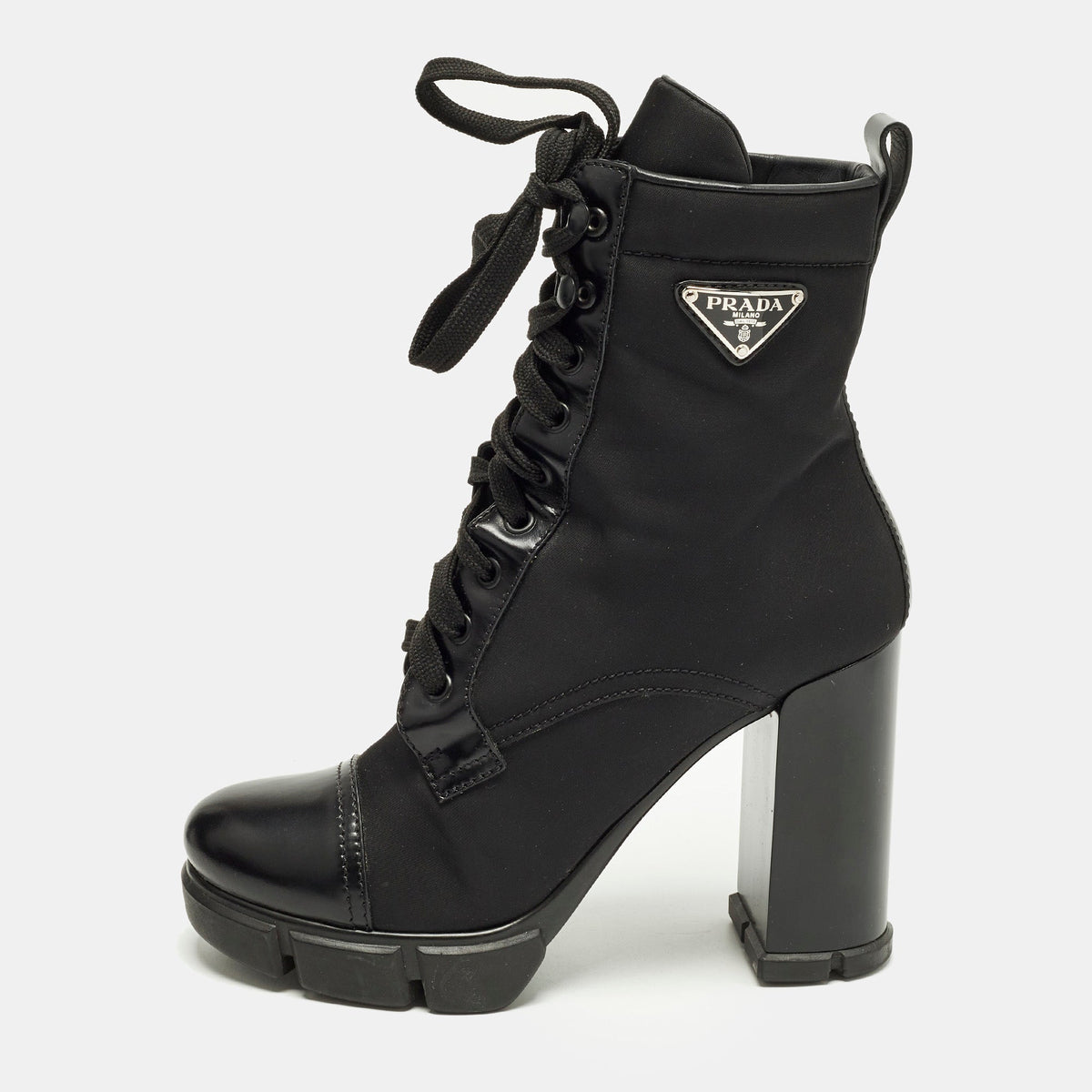 Prada Monolith Size 38 Black Leather Nylon Ankle Length Boots