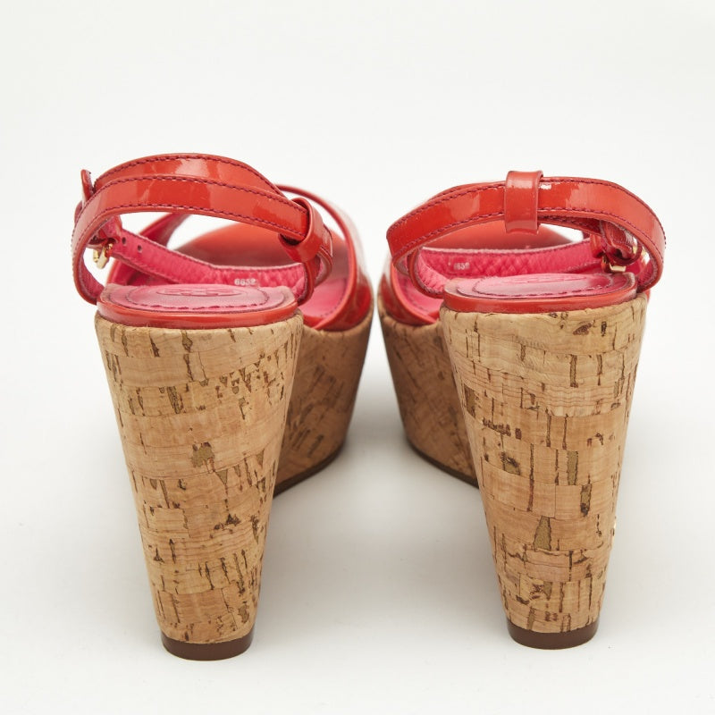 Tory Burch Pink Patent Leather Dahlia Cork Wedge Sandals Size 36
