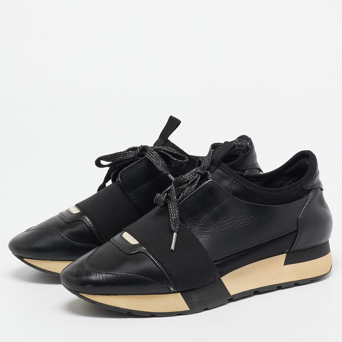 Balenciaga Race Runner Size 37 Black Fabric and Leather Lace Up Sneakers
