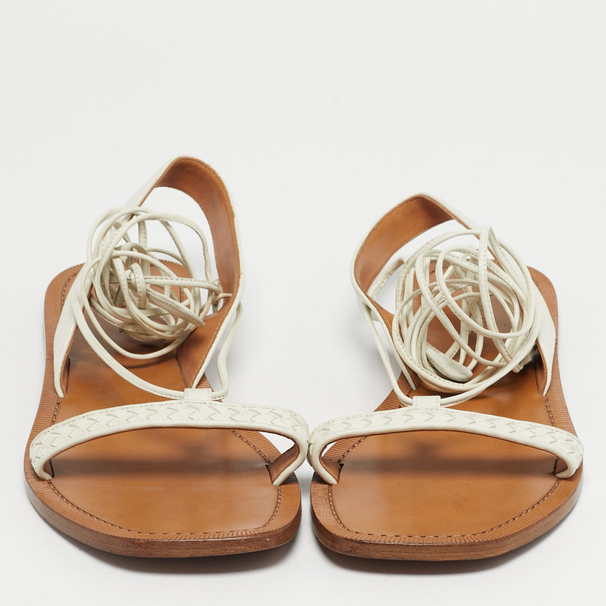 Bottega Veneta White Intrecciato Leather Ankle Wrap Flat Sandals Size 39