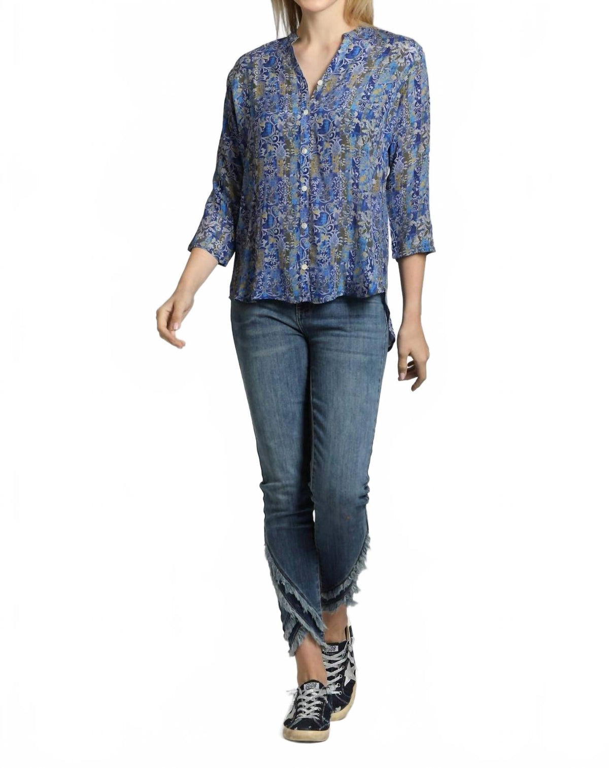 Mandarin Collar Button Up Shirt In Blue Paisley Multi