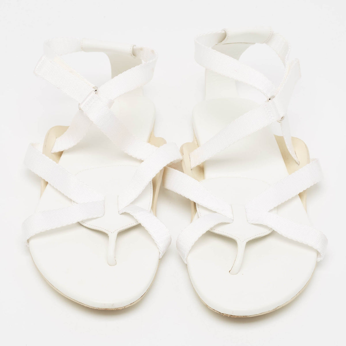 Hermes White Leather and Fabric Strappy Flat Sandals Size 38.5