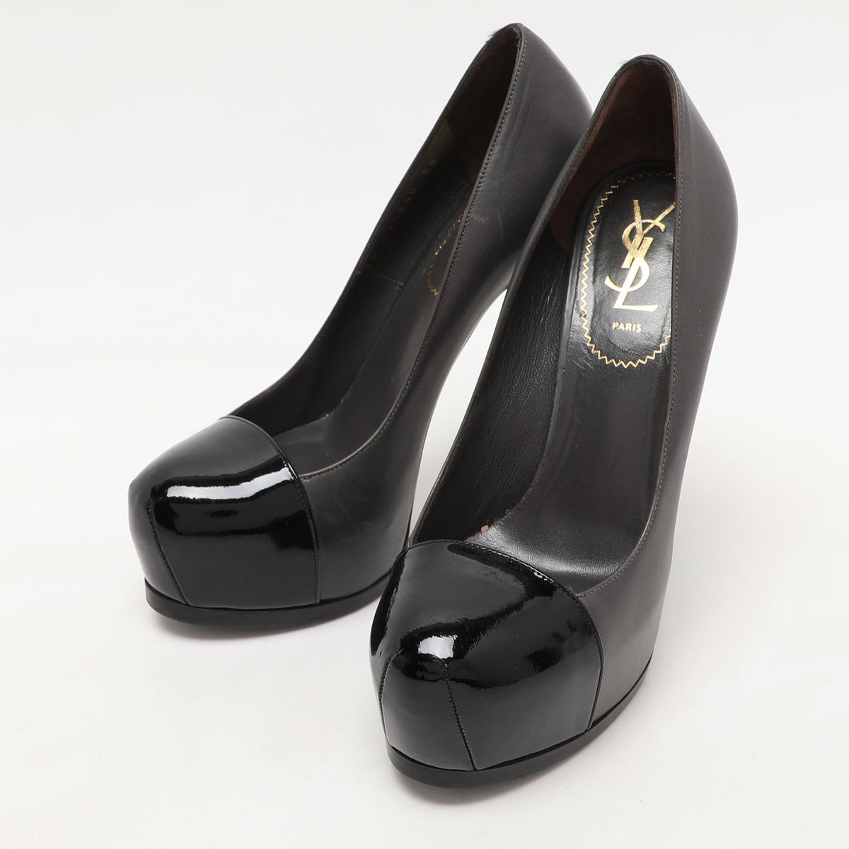 Saint Laurent Paris Grey/Black Leather Tribtoo Platform Pumps Size 38