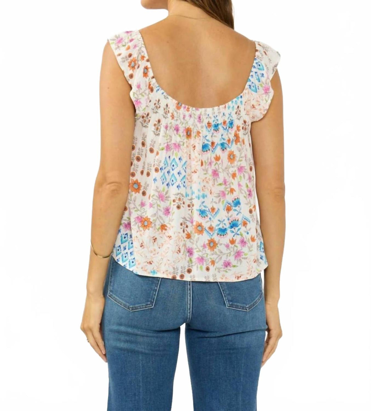 Flutter Sleeve Smocked Square Neck Top In Ivory/orange