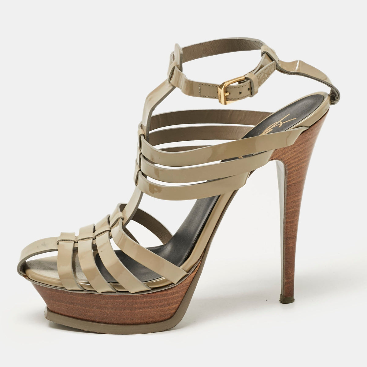 Saint Laurent Paris Size 39.5 Grey Patent Leather Ankle Strap Sandals