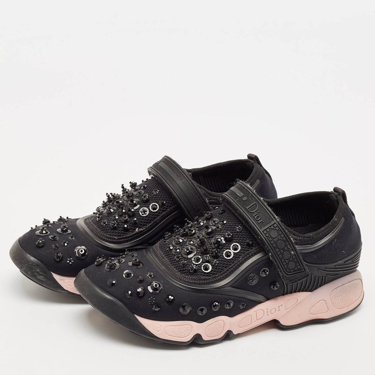 Dior Black Neoprene And Mesh Fusion Embellished Velcro Strap Sneakers Size 37.5