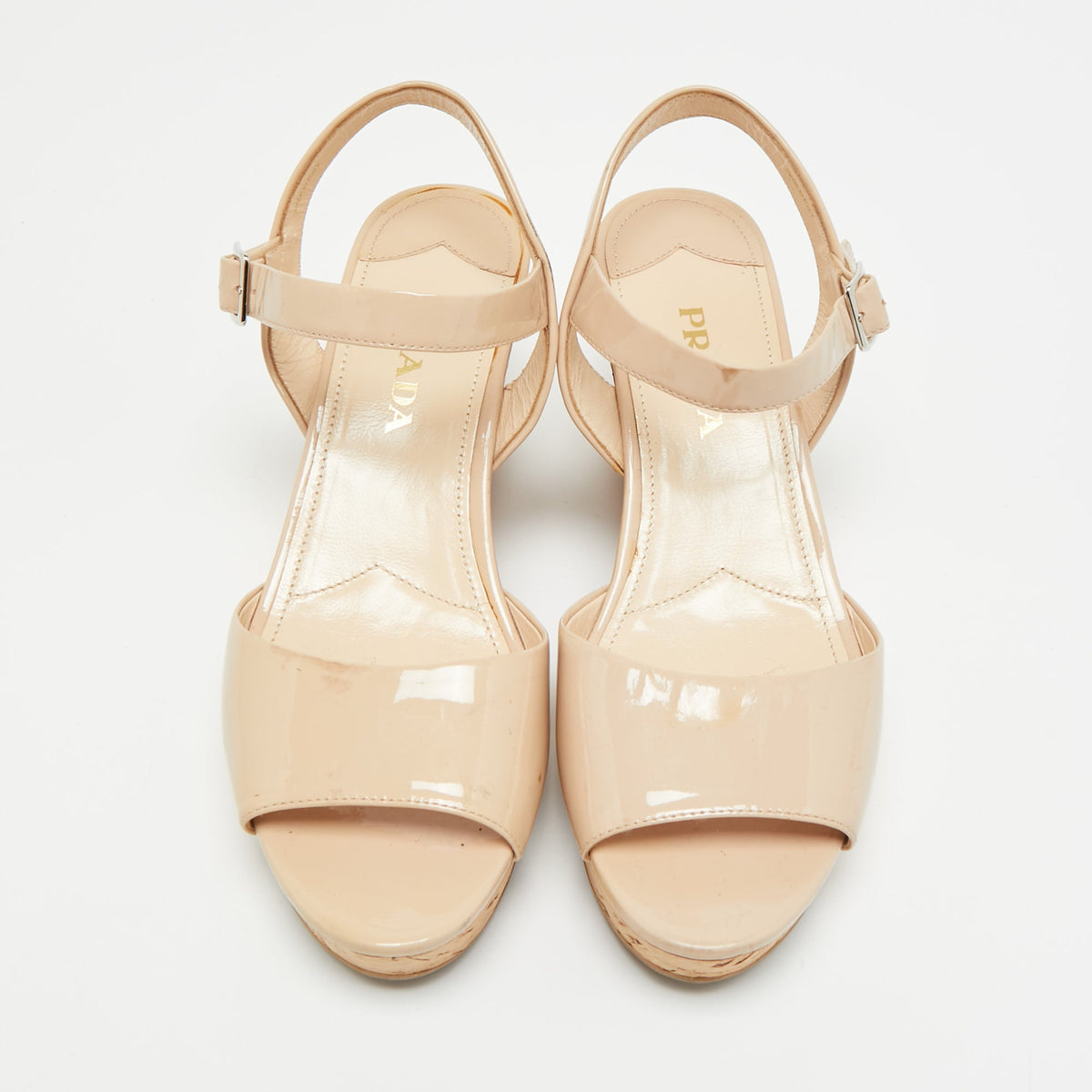 Prada Size 39 Beige Patent Leather Cork Wedge Sandals
