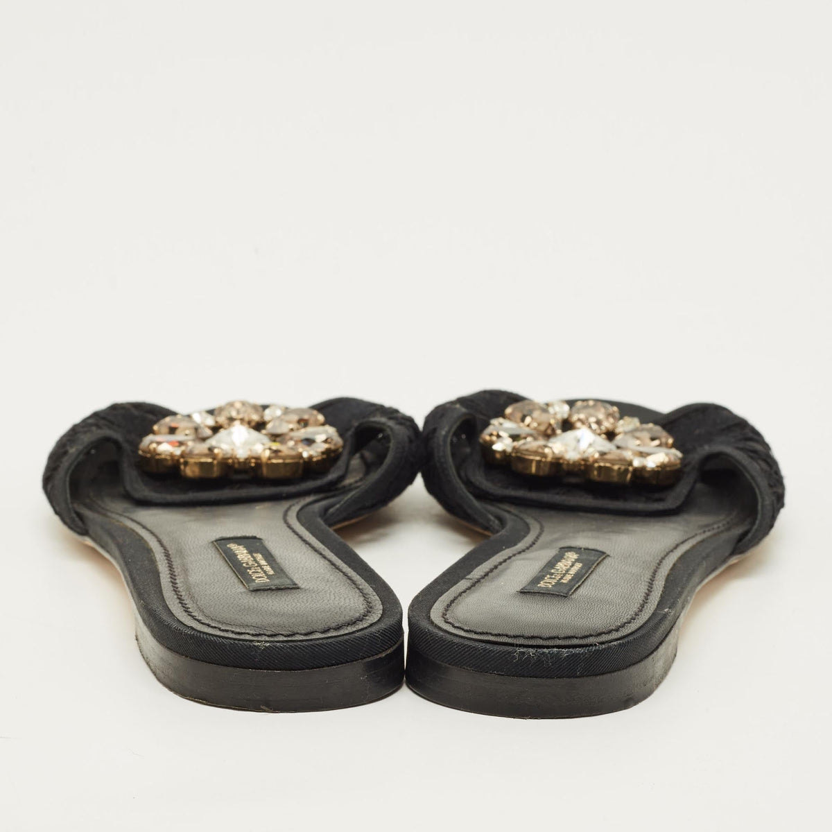 Dolce & Gabbana Sofia Size 38.5 Black Lace Crystal Embellished Flat Slide Sandals
