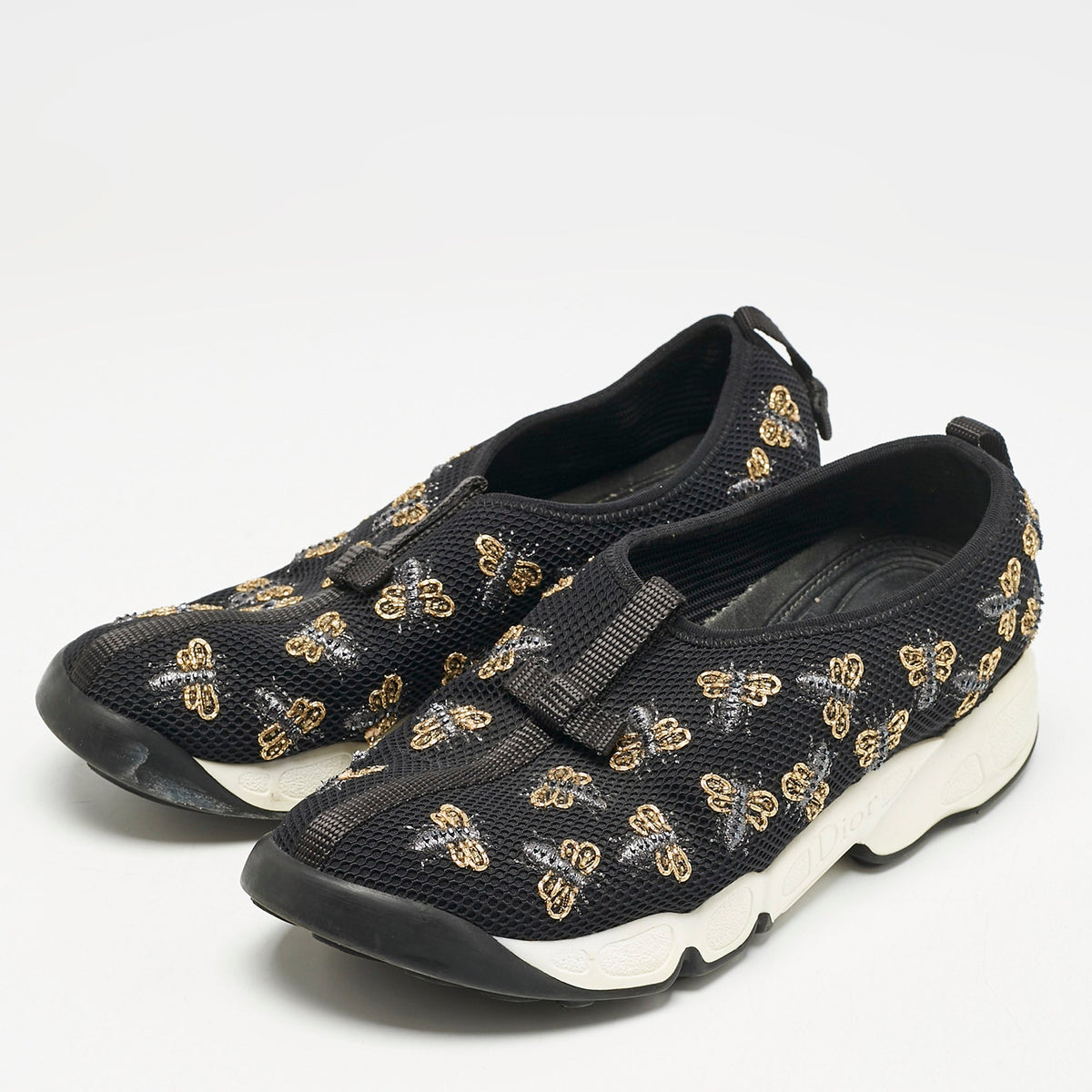 Dior Black Mesh Fusion Bee Embellished Slip On Sneakers Size 37.5