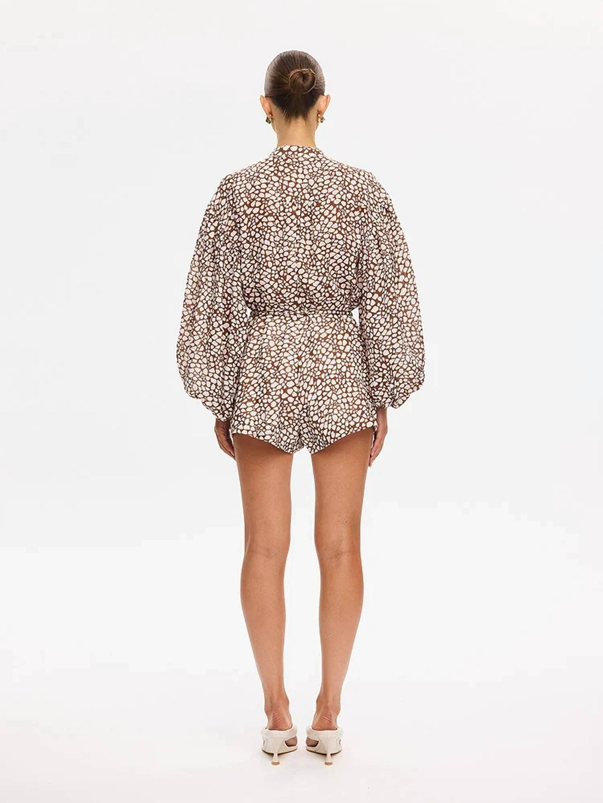 Solara Long Blouson Sleeves Playsuit In Brown