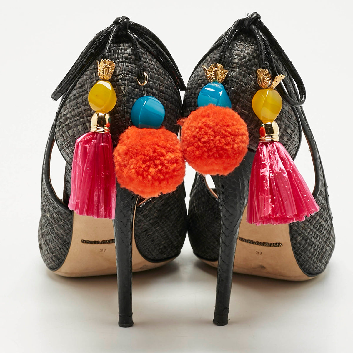Dolce & Gabbana Black Raffia Pom Pom Detail Tie Up Pumps Size 37