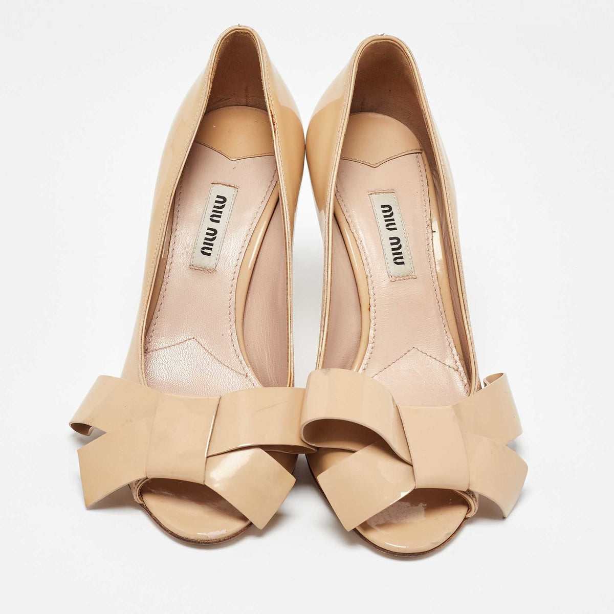 Miu Miu Beige Patent Leather Bow Peep Toe Platform Pumps Size 36