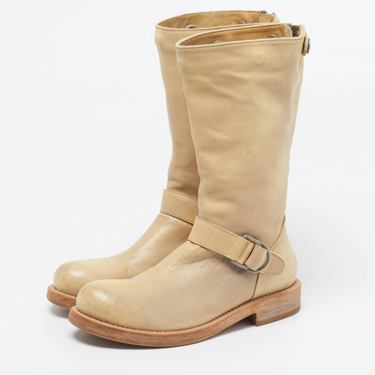 Brunello Cucinelli Bike Size 35 Beige Leather Mid Calf Boots