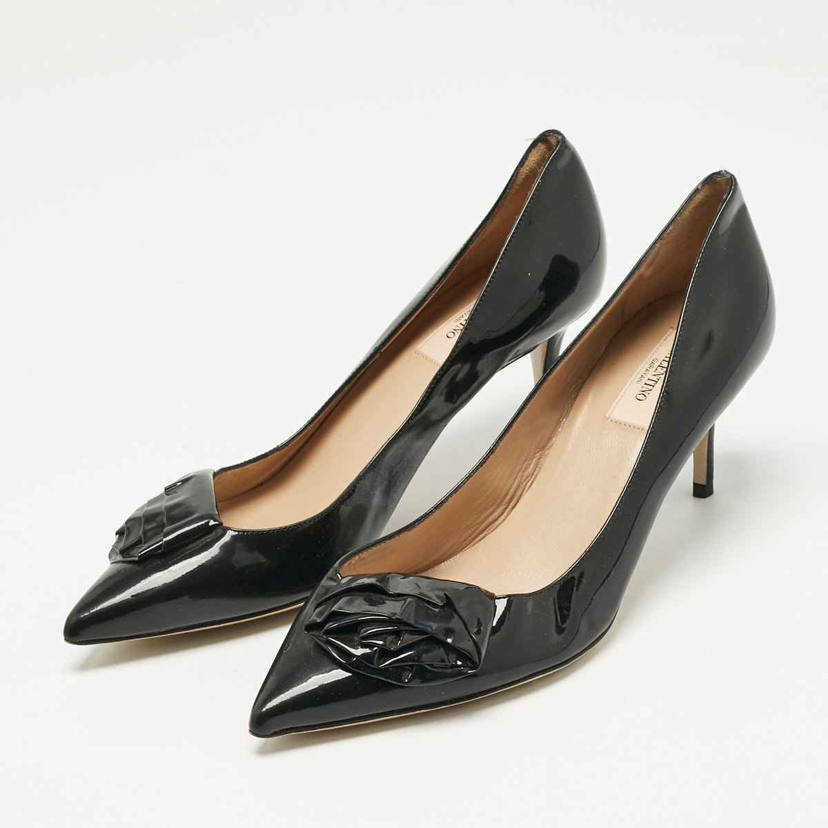 Valentino Black Patent Leather Flower Bow Pointed Toe Pumps Size 39.5