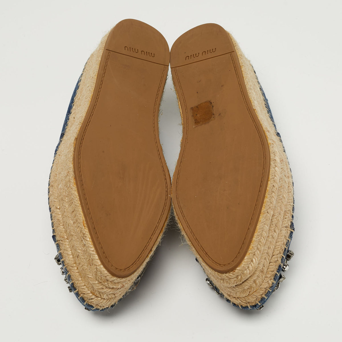 Miu Miu Size 38 Blue Denim Crystal Embellished Espadrille Platform Wedge Flats