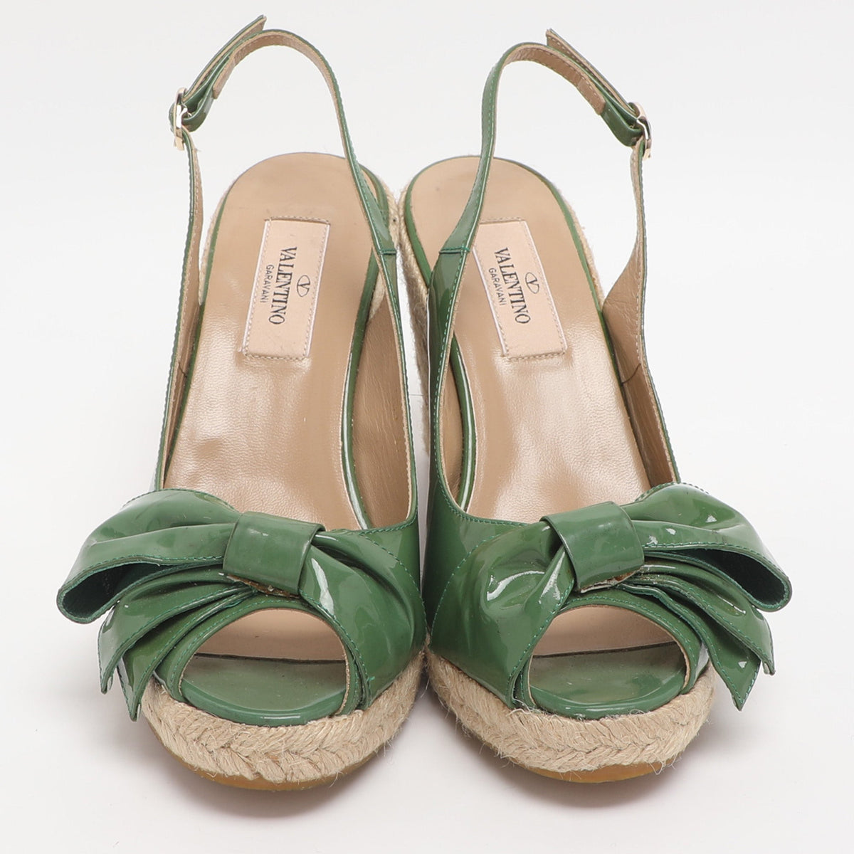 Valentino Bow Size 37 Green Patent Leather Wedge Slingback Sandals