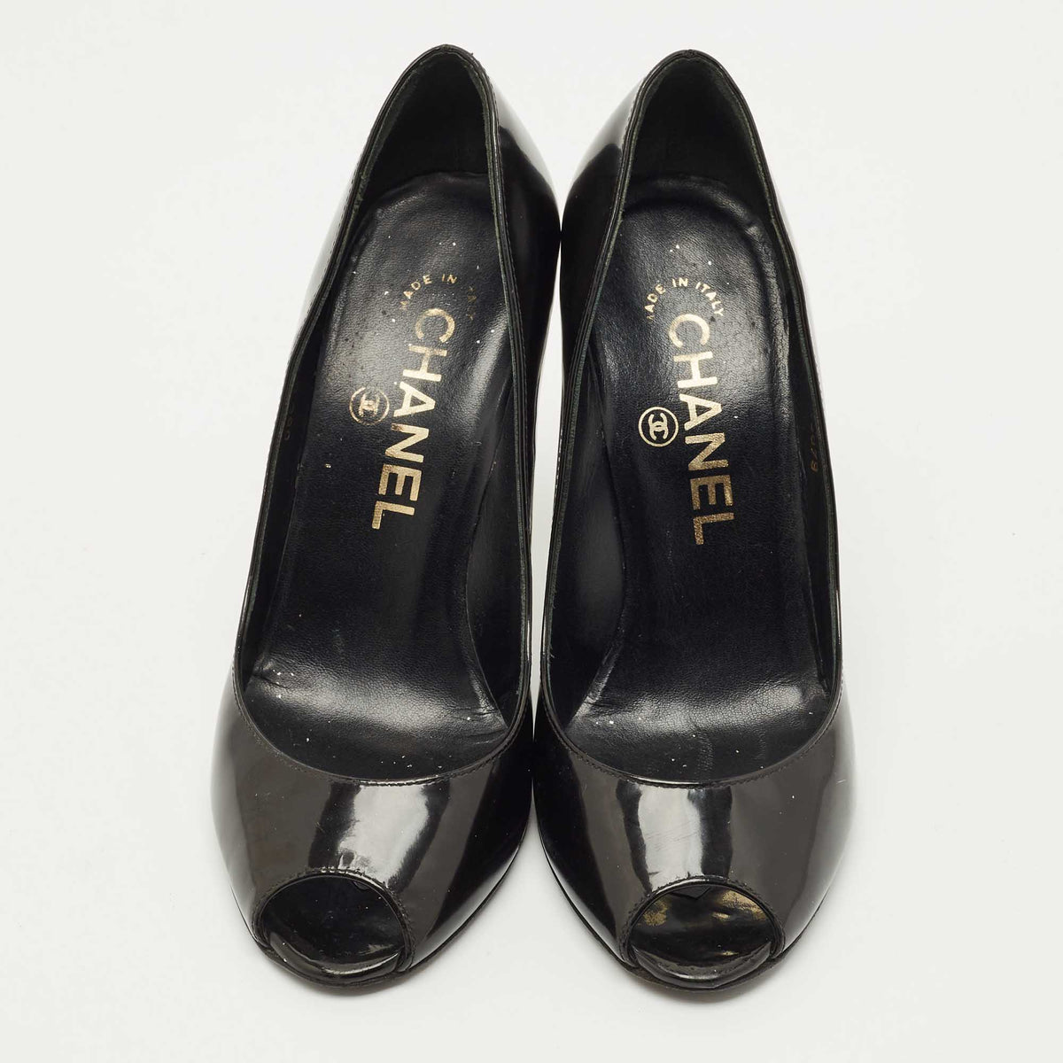 Chanel Black Patent Leather CC Peep Toe Pumps Size 34
