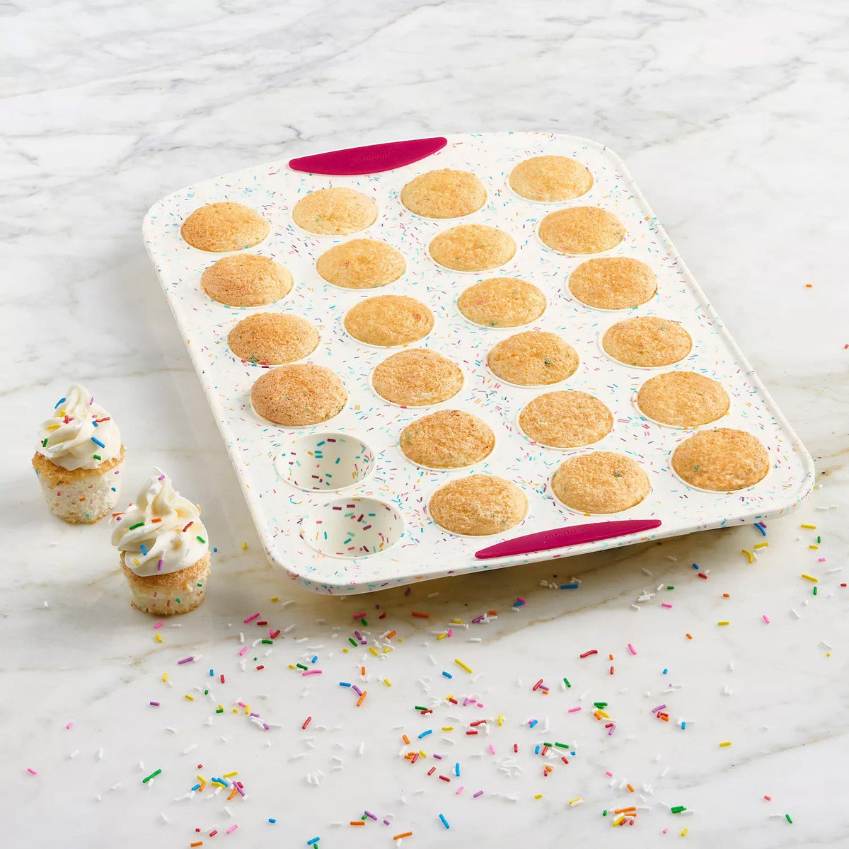 Trudeau Structure Silicone 24 Cavity Mini Muffin Pan, Confetti/Fuchsia