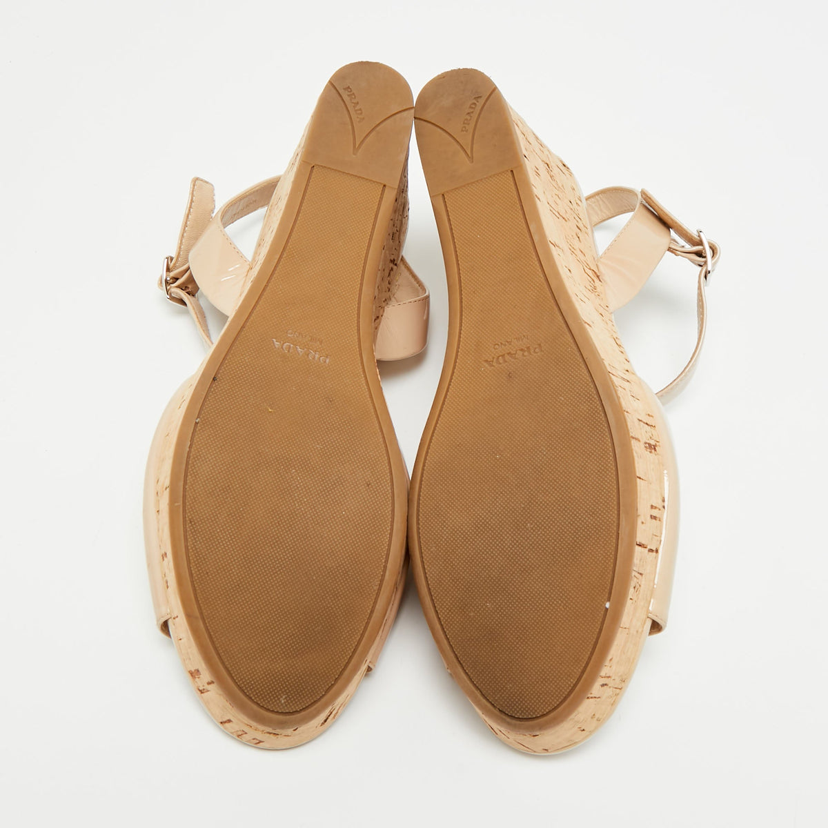 Prada Size 39 Beige Patent Leather Cork Wedge Sandals