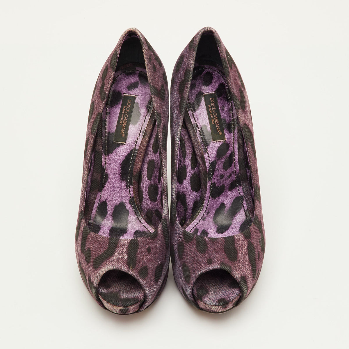 Dolce & Gabbana Size 36.5 Purple Leopard Print Denim Peep Toe Platform Pumps