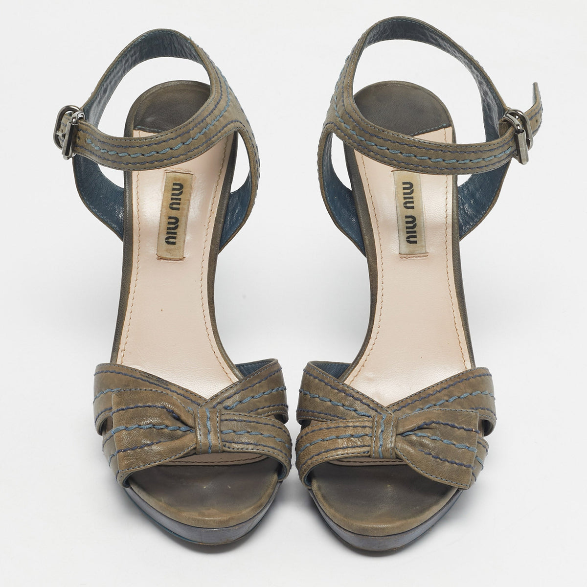 Miu Miu Grey Leather Bow Ankle Strap Sandals Size 38