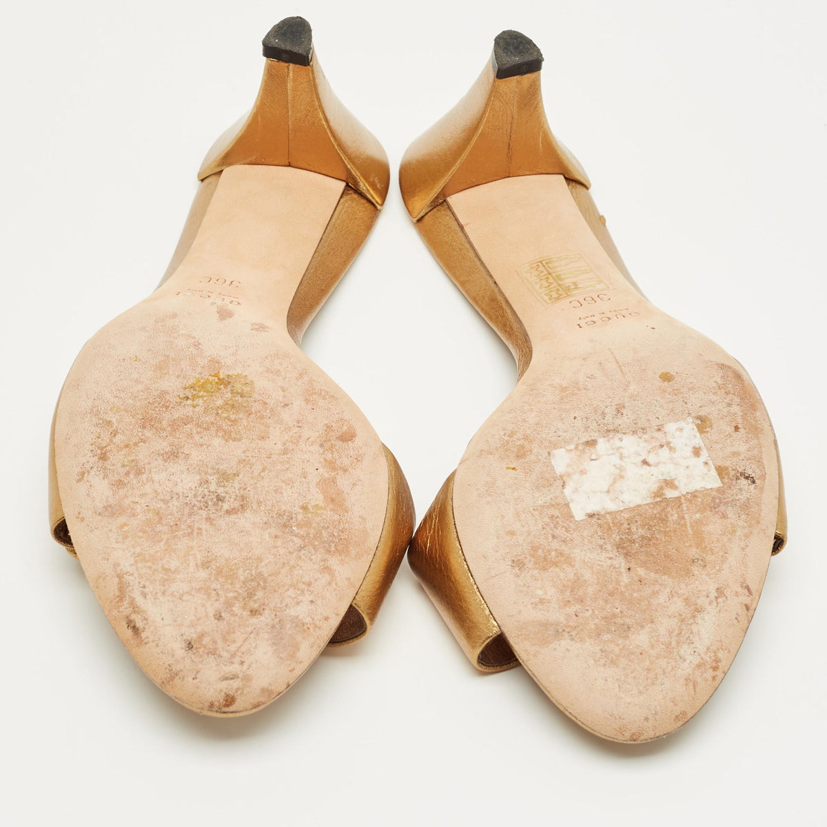 Gucci Gold Leather Logo Embellish Slide Sandals Size 36