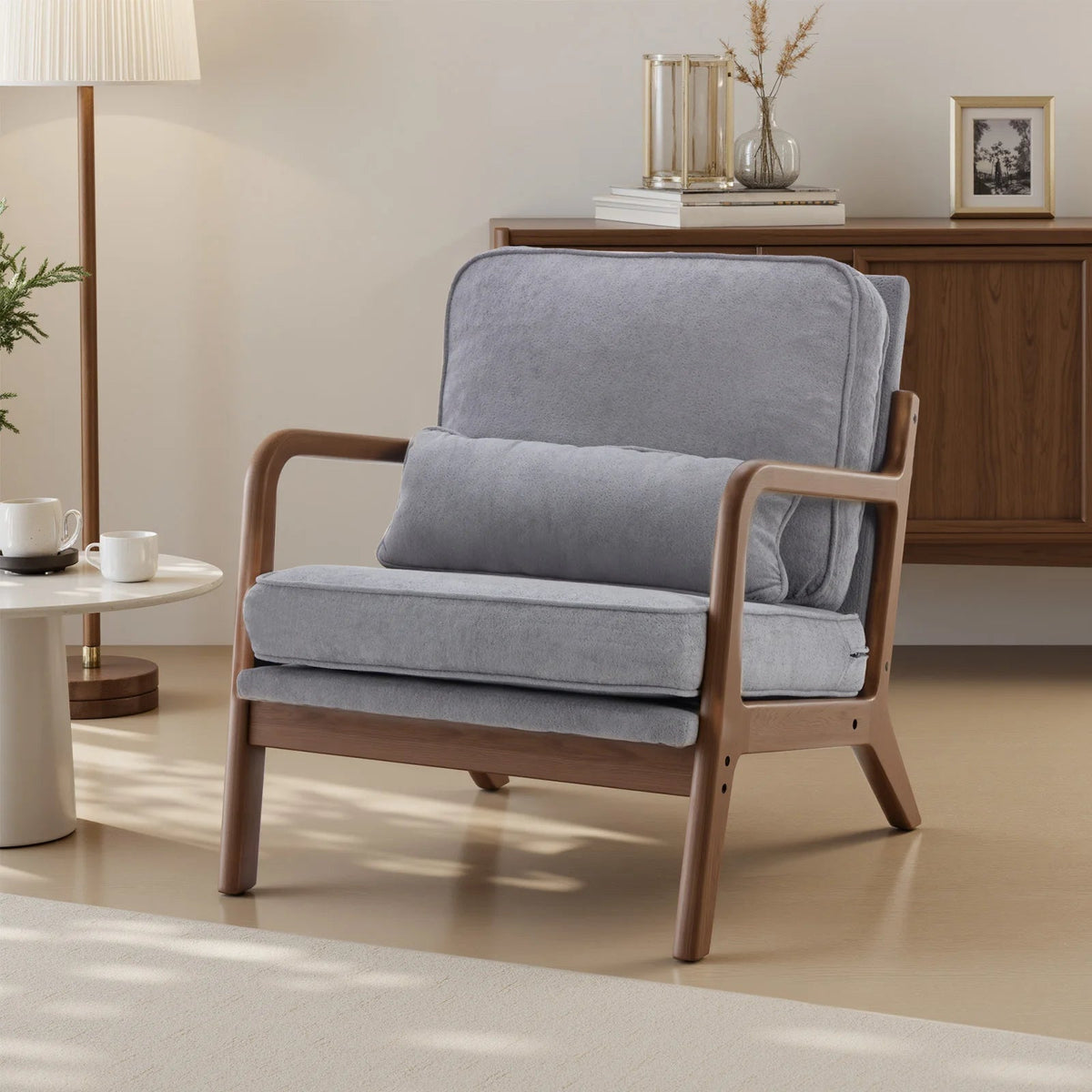 Mid-Century Modern Accent Chair with Solid Wooden Frame, Armrests, and Waist Cushion for Adults - Ideal for Reading and Lounging