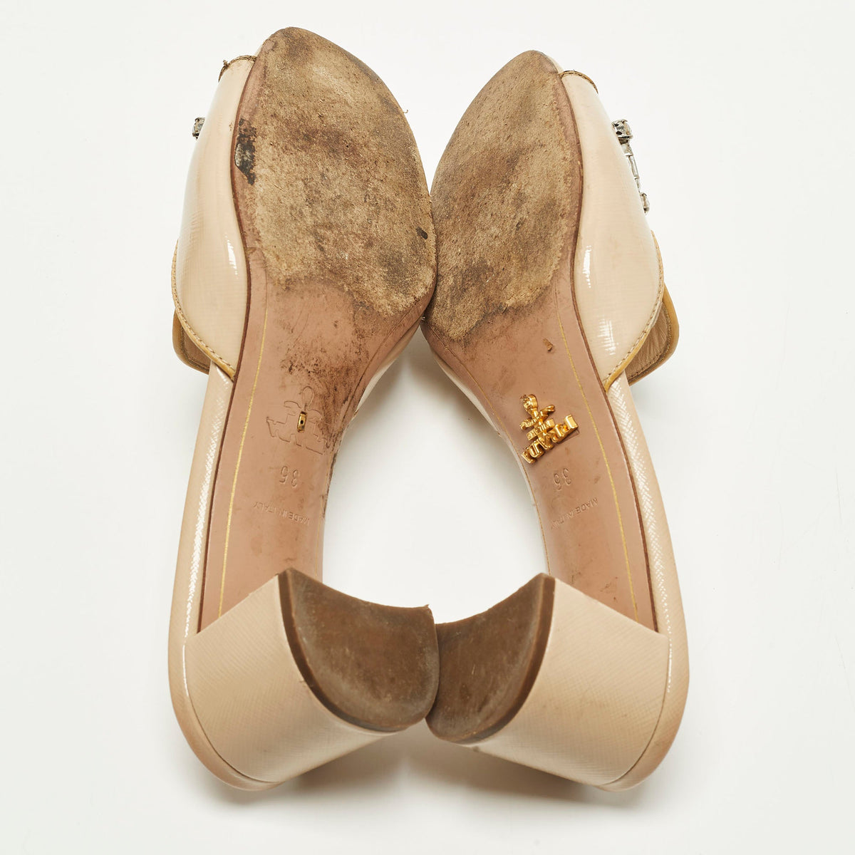 Prada Saffiano Size 35 Beige Patent Leather Crystal Embellished Block Heel Slide Sandals